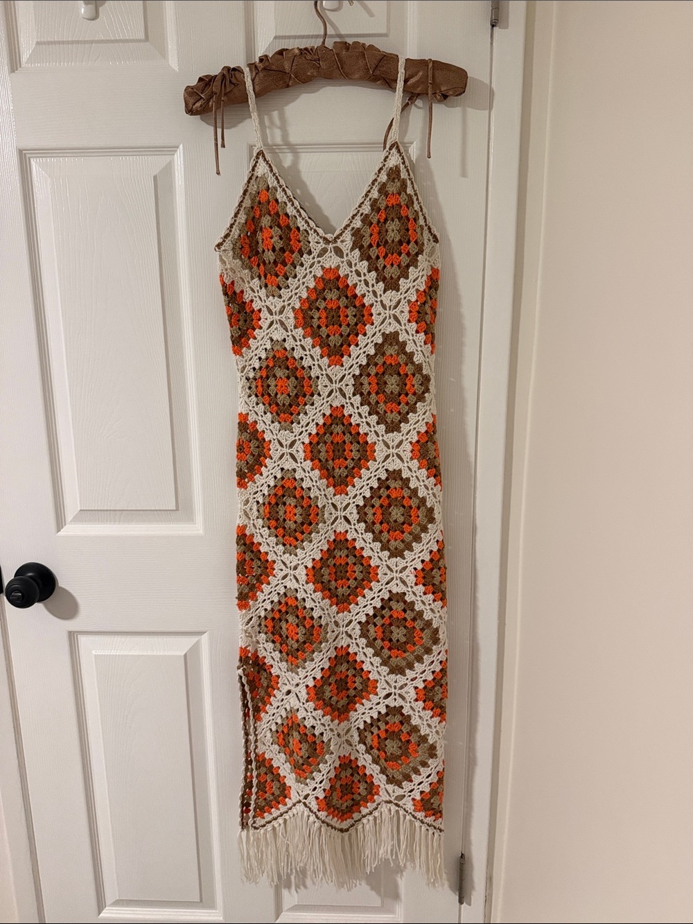 Elan Crochet Maxi Dress in Cream, Orange & Brown